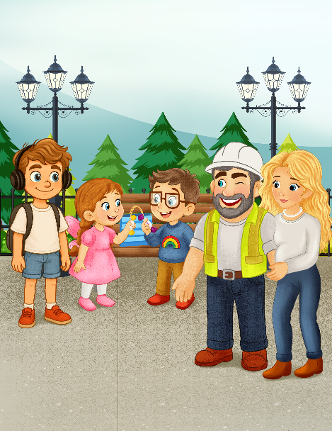 Cartoon style illustration example — children and adults in a park