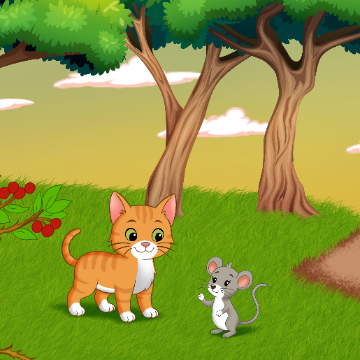 Line art illustration example — cat and mouse in a garden setting